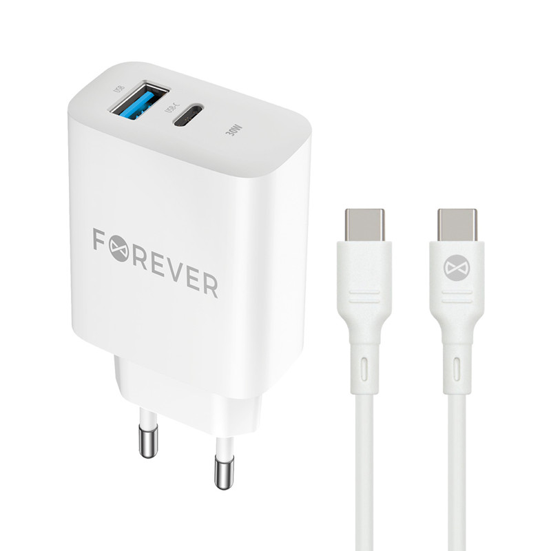 Obrazek Forever ładowarka sieciowa PD TC-07-30AC 30W 1xUSB-C 1xUSB + kabel USB-C/USB-C 60W