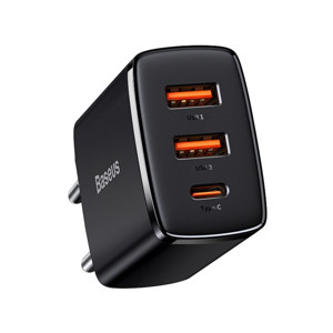 Obrazek Ładowarka sieciowa BASEUS COMPACT QC 2xUSB/USB-C PD 3A 30W CZARNA/BLACK