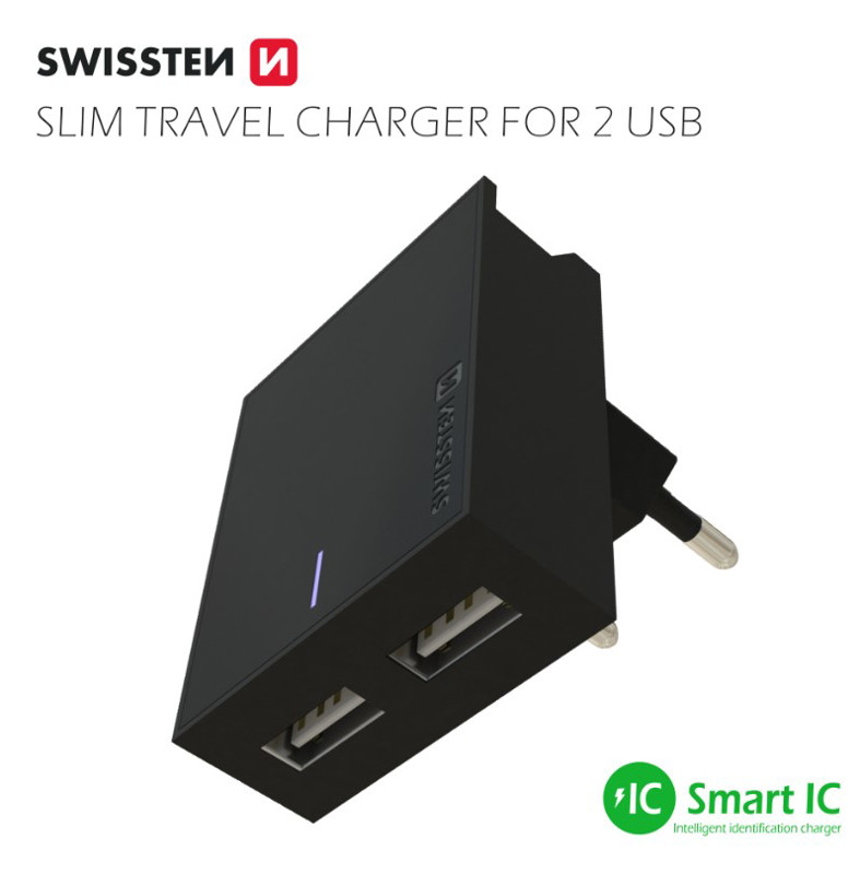 Obrazek Ładowarka sieciowa SWISSTEN SMART IC 2xUSB 3A