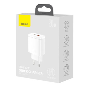 Obrazek Ładowarka sieciowa BASEUS COMPACT QC USB-USB-C 20W BIAŁA/WHITE