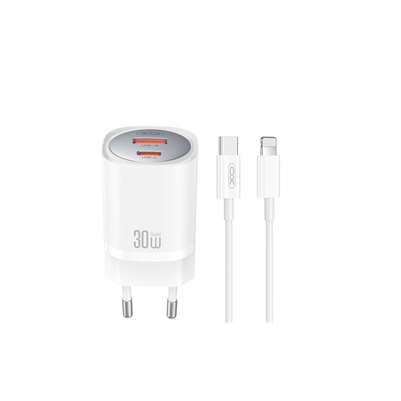 Obrazek XO ładowarka sieciowa CE21 PD 30W 1xUSB-C 1xUSB BIAŁA + KABEL USB-C/LIGHTNING