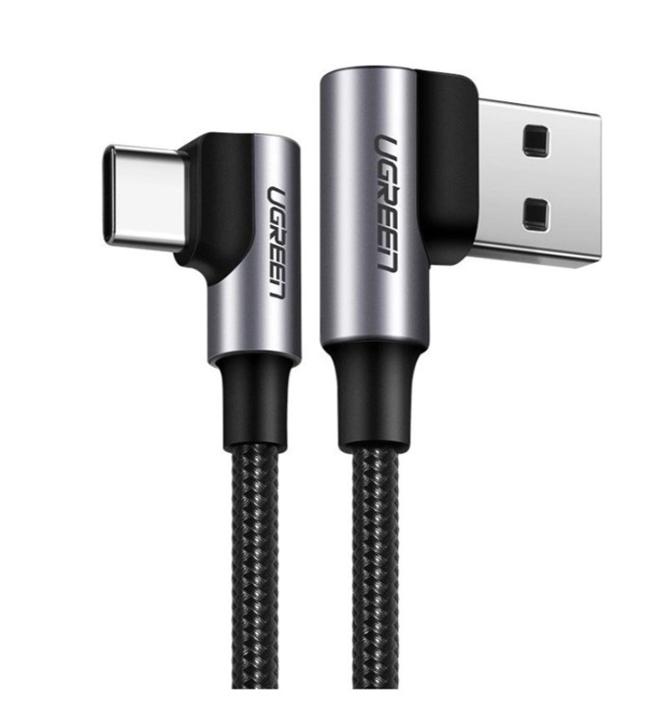 Obrazek Ugreen kątowy kabel US176 USB/USB-C QC 3.0 3A 1m - szary