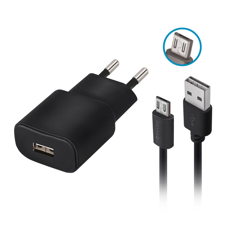 Obrazek Forever ładowarka sieciowa TC-01 1x USB 2A czarna + kabel microUSB