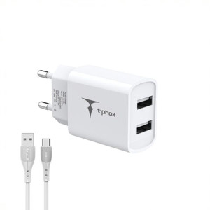 Obrazek Ładowarka sieciowa T-PHOX POCKET SERIES 2xUSB TCC-224 2.4A 12W + KABEL USB-C 1M WHITE