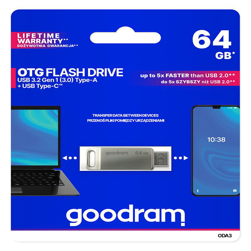 Obrazek PenDrive 3.2 GOODRAM ODA3 SILVER 64GB TYPE-A + TYPE-C