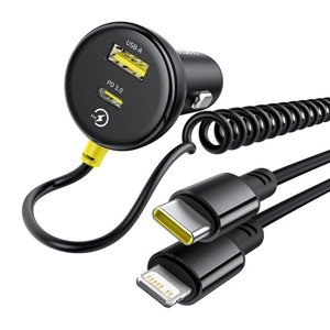 Obrazek Ładowarka samochodowa BASEUS CIRCULAR PD 1xUSB-C 1xUSB 60W + KABEL USB-C/LIGHTNING BLACK