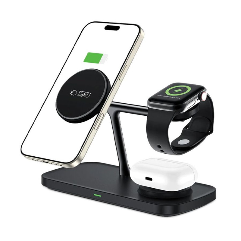 Obrazek TECH-PROTECT ładowarka indukcyjna QI15W-A45 3w1 MAGSAFE MAGNETIC BLACK FOR IOS/ANDROID