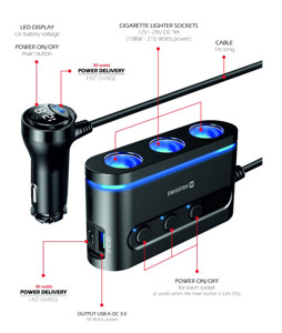 Obrazek Ładowarka samochodowa SWISSTEN PD 30W + ROZDZIELACZ ZAPALNICZKI 108-216W