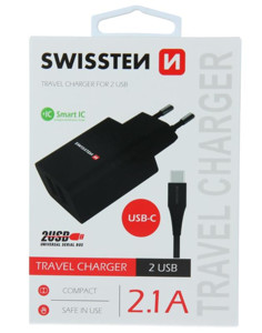 Obrazek Ładowarka sieciowa SWISSTEN SMART IC 2,1A BLACK + KABEL TYPE-C