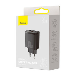 Obrazek Ładowarka sieciowa BASEUS COMPACT QC 2xUSB/USB-C PD 3A 30W CZARNA/BLACK