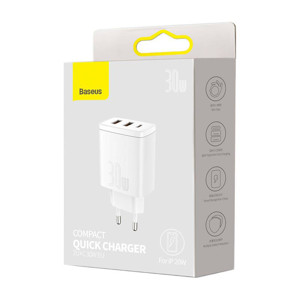 Obrazek Ładowarka sieciowa BASEUS COMPACT QC 2xUSB/USB-C PD 3A 30W BIAŁA/WHITE