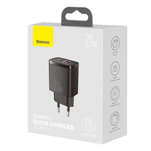 Obrazek Ładowarka sieciowa BASEUS COMPACT QC USB-USB-C 20W CZARNA/BLACK