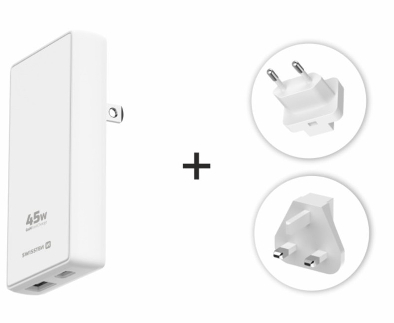 Obrazek Ładowarka sieciowa SWISSTEN TRAVEL GAN WTYK US, EU , UK 45W BIAŁY