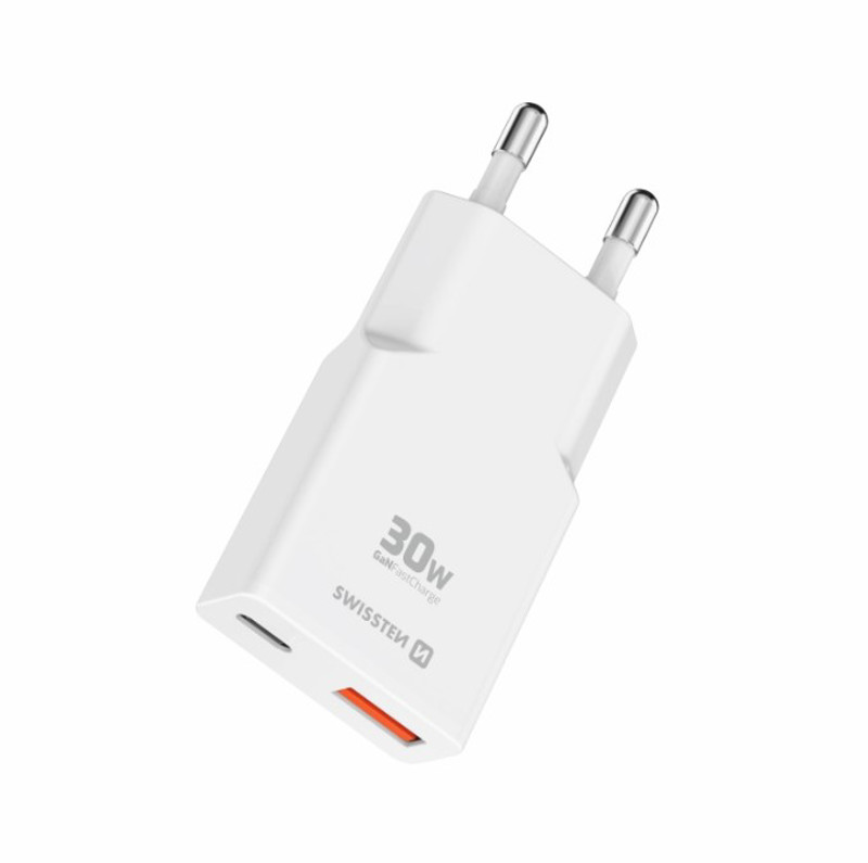 Obrazek Ładowarka sieciowa SWISSTEN SLIM GAN USB + USB-C 30W BIAŁA