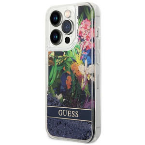 Obrazek GUESS IPHONE 14 PRO FLOWER LIQUID GLITTER GUHCP14LLFLSB NIEBIESKI/BLUE