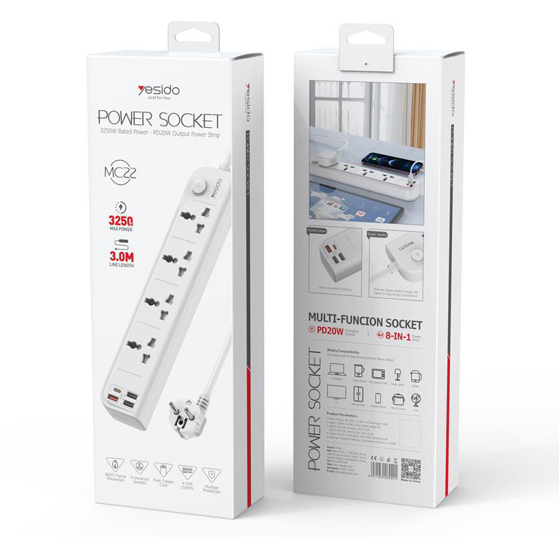Obrazek Yesido MC22 Przedłużacz 8w1 (EU) 3m 3250W, 3xUSB-A+C, WHITE / BIAŁY