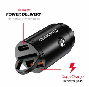 Obrazek Ładowarka samochodowa SWISSTEN 30W PD+SUPER CHARGE 3.0 NANO BLACK