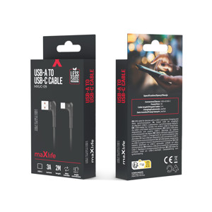 Obrazek Maxlife kabel kątowy USB/USB-C 2m 3A czarny MXUC-09
