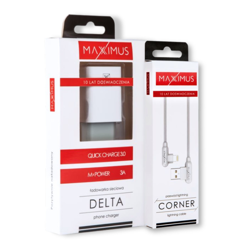 Obrazek Zestaw ładowarka sieciowa Maxximus Delta 3A + KABEL MX CORNER FAST CHARGE LIGHTNING