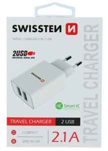 Obrazek Ładowarka sieciowa SWISSTEN SMART IC 2,1A WHITE 2X USB