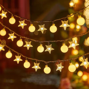 Obrazek Girlanda 1.5m (10 lampek LED) USB Gwiazdki + Kulki na Balkon, CIEPŁY BIAŁY