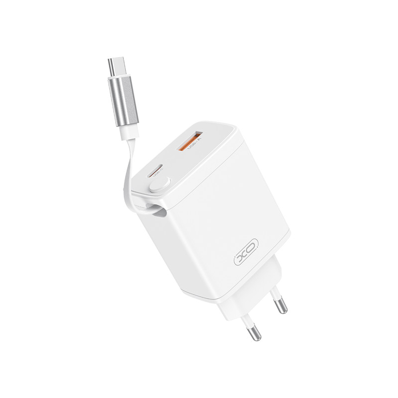 Obrazek XO ładowarka sieciowa CE31 USB+USB-C 30W ZE ZWIJANYM KABLEM USB-C