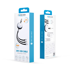 Obrazek Forever kabel 3w1 USB-Lightning/2x USB-C 1,2m 100W czarny