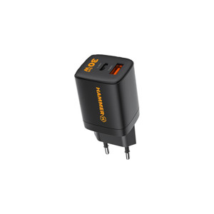 Obrazek Ładowarka sieć Hammer RapidCharge Duo 30W GaN USB-A+C, BLACK / CZARNY