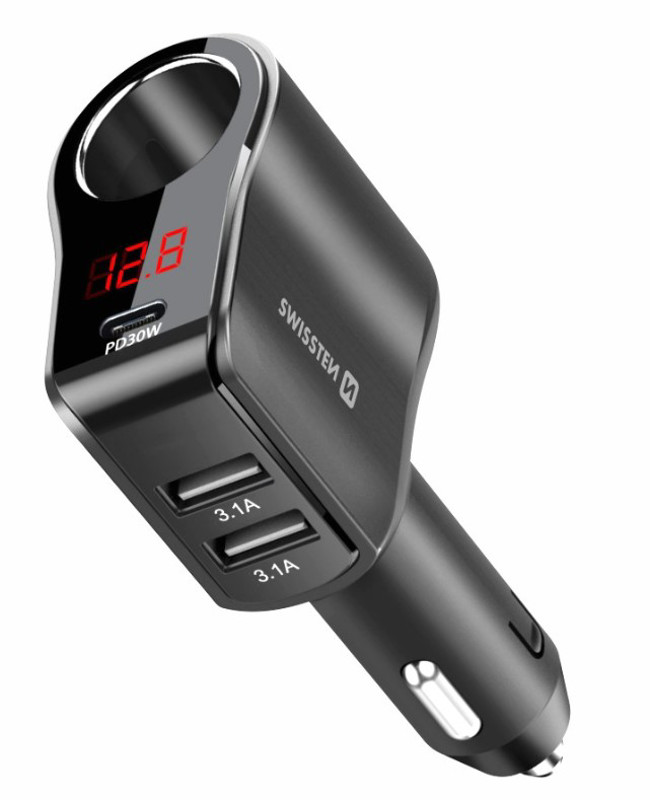 Obrazek Ładowarka samochodowa SWISSTEN 1xPD 2xUSB 1xGNIAZDO ZAPALNICZKI 108-216W
