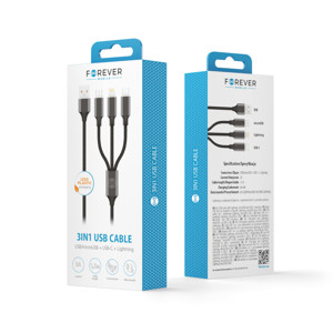 Obrazek Forever kabel 3w1 USB - Lightning + USB-C + microUSB 1,2 m 2A czarny