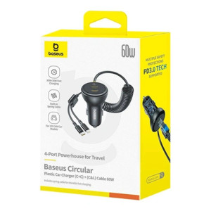 Obrazek Ładowarka samochodowa BASEUS CIRCULAR PD 1xUSB-C 1xUSB-C 60W + KABEL USB-C/LIGHTNING
