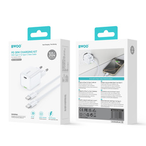 Obrazek BWOO ładowarka sieciowa PD GaN USB-C + kabel USB-C - USB-C 60W biała