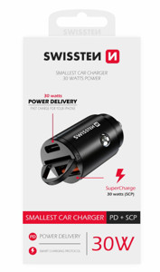 Obrazek Ładowarka samochodowa SWISSTEN 30W PD+SUPER CHARGE 3.0 NANO BLACK