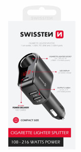 Obrazek Ładowarka samochodowa SWISSTEN 1xPD 2xUSB 1xGNIAZDO ZAPALNICZKI 108-216W
