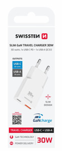 Obrazek Ładowarka sieciowa SWISSTEN SLIM GAN USB + USB-C 30W BIAŁA