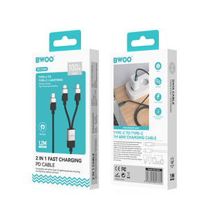 Obrazek BWOO kabel Pleciony 2w1 USB-C - USB-C i Lightning 1m 100W/27W czarny