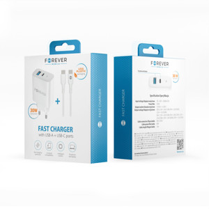 Obrazek Forever ładowarka sieciowa PD TC-07-30AC 30W 1xUSB-C 1xUSB + kabel USB-C/USB-C 60W