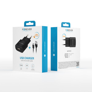 Obrazek Forever ładowarka sieciowa TC-01 1x USB 2A czarna + kabel microUSB