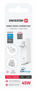 Obrazek Ładowarka sieciowa SWISSTEN TRAVEL GAN WTYK US, EU , UK 45W BIAŁY