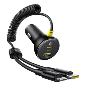 Obrazek Ładowarka samochodowa BASEUS CIRCULAR PD 1xUSB-C 1xUSB 60W + KABEL USB-C/LIGHTNING BLACK