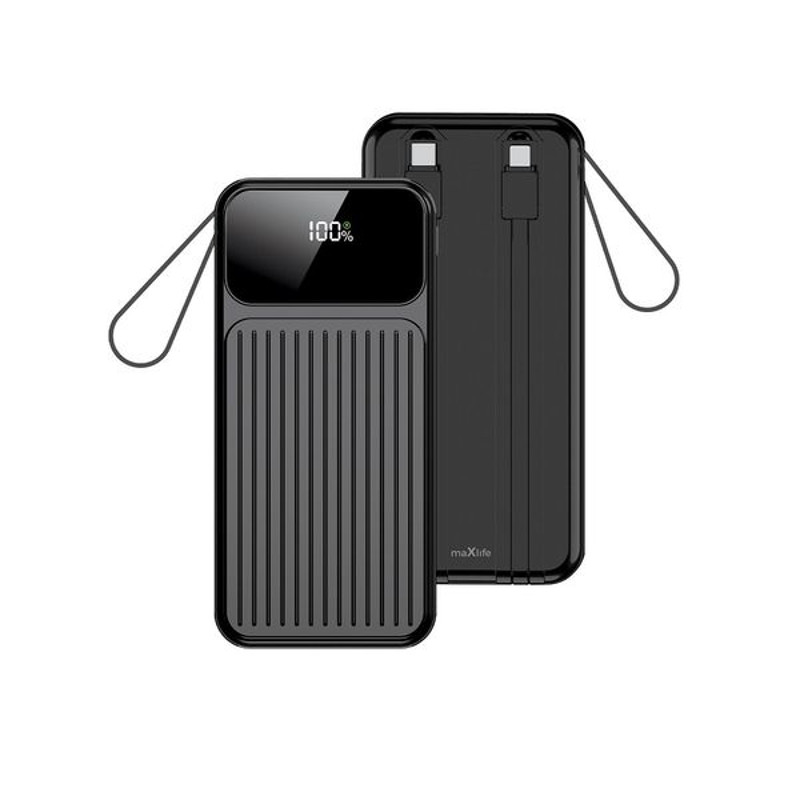Obrazek MAXLIFE POWERBANK 10000 mAh PD QC 22,5W MXPB-06 CZARNY z WBUDOWANYMI KABLAMI