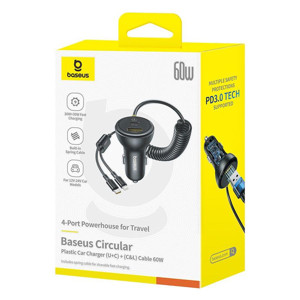 Obrazek Ładowarka samochodowa BASEUS CIRCULAR PD 1xUSB-C 1xUSB 60W + KABEL USB-C/LIGHTNING BLACK